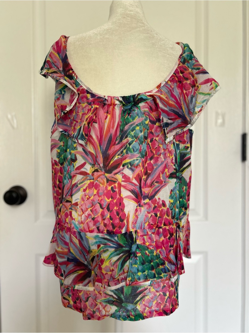 J. Crew Ruffle Top Pink Off-Shoulder Tropical Pineapple Print Top Cotton Size 12 - Picture 6 of 10